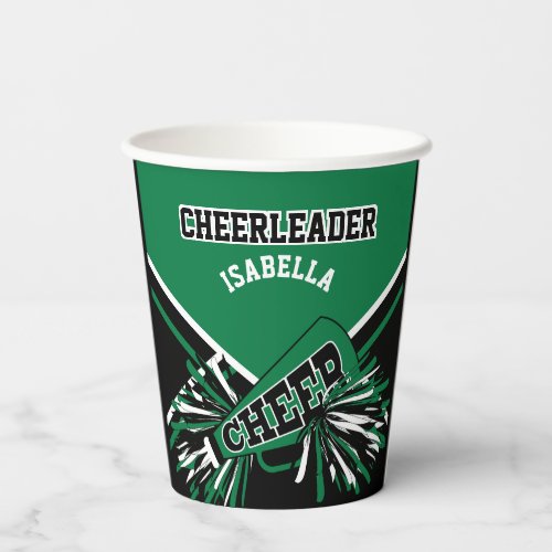 Cheerleader in Green Black and White Paper Cups