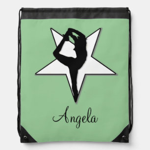 Cheerleader in green drawstring backpack