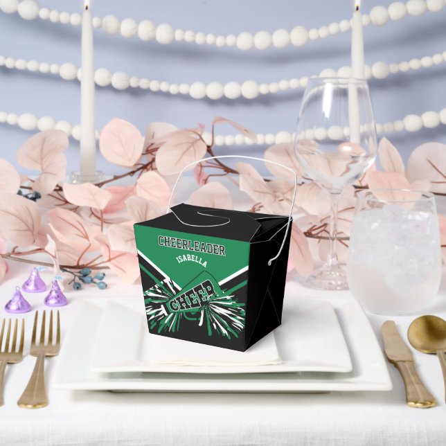 Cheerleader in Green, White and Black Favor Boxes (Wedding)