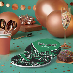Cheerleader in Green, White and Black Paper Plates