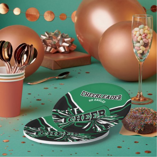 Cheerleader in Green White and Black Paper Plates