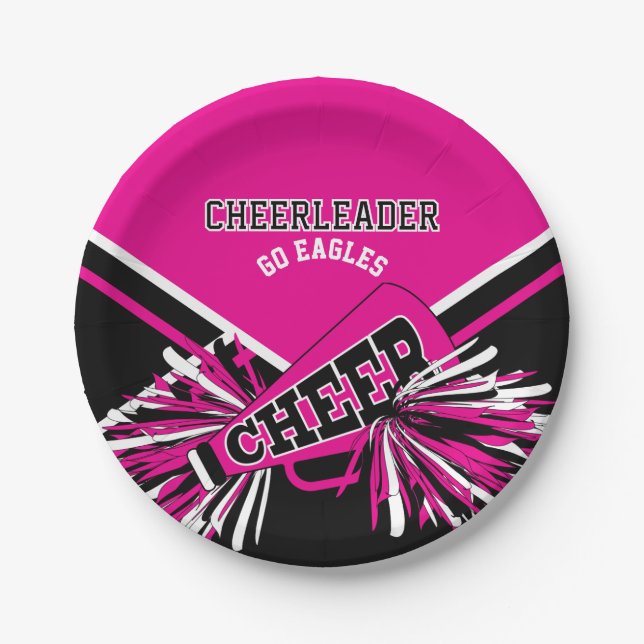 Cheerleader in Hot Pink, White and Black Paper Plates (Front)