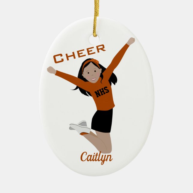 Cheerleader In Orange & Black With Black Hair Ceramic Ornament (Front)