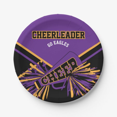 Cheerleader in Purple Gold and Black Paper Plates