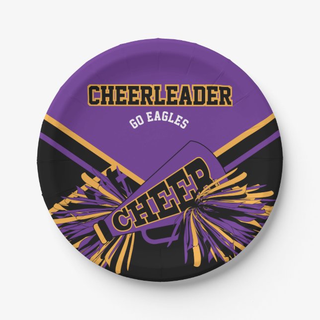 Cheerleader in Purple, Gold and Black Paper Plates (Front)