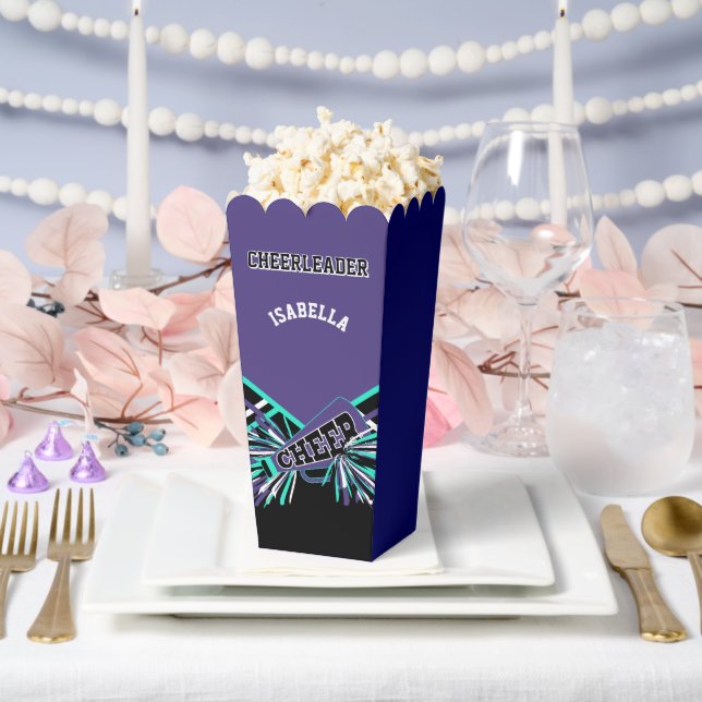 Cheerleader in Purple, Teal, and Black Favor Boxes (Wedding)