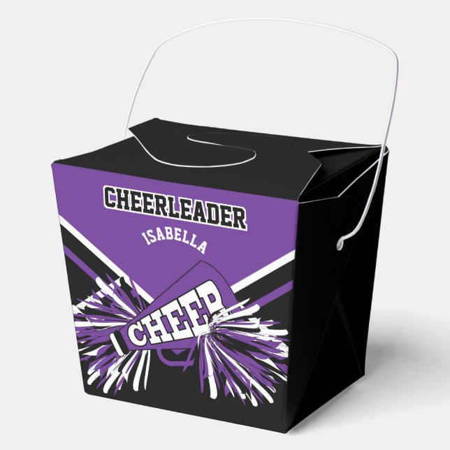 Cheerleader in Purple, White and Black Favor Boxes (Front)