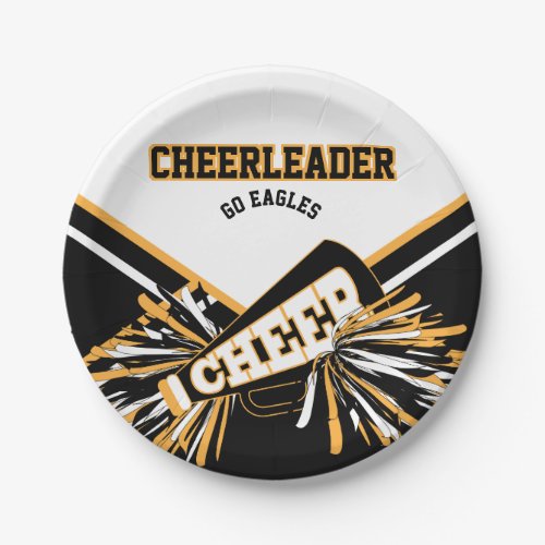 Cheerleader in White Gold and Black Paper Plates