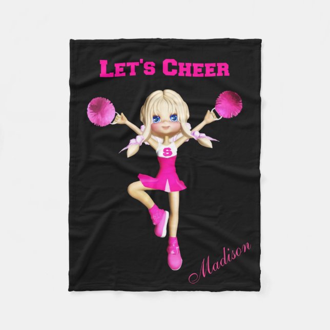 Cheerleader Let's Cheer Personalized Pink & Black Fleece Blanket (Front)