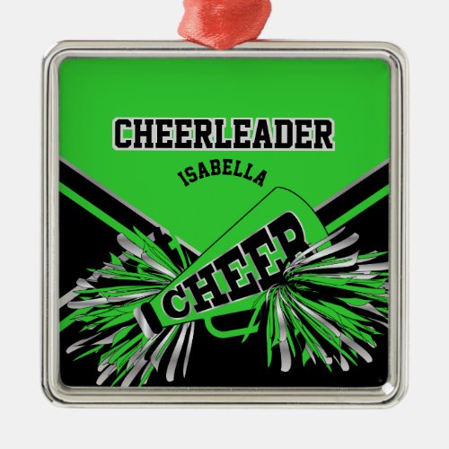 Cheerleader _ Lime Green Black and Silver Metal Ornament