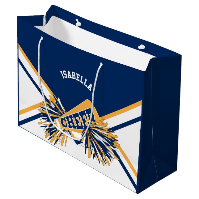 Cheerleader 📣 - Navy Blue, Gold, White Large Gift Bag (Front Angled)