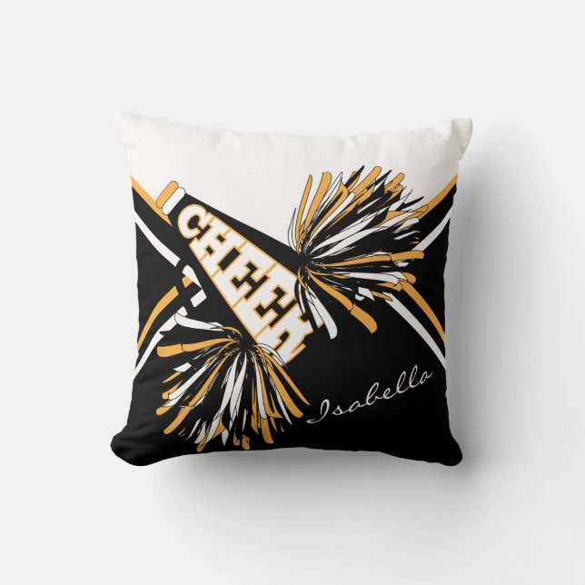 Cheerleader Outfit 📣 in Black, White & Gold Throw Pillow (Front)
