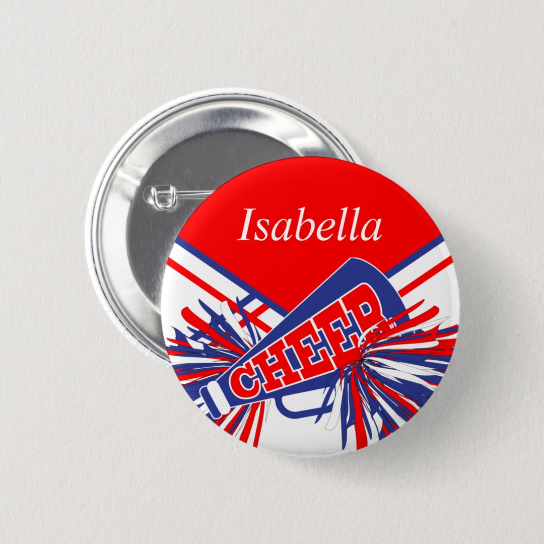 Cheerleader Outfit in Blue, White and Red Button | Zazzle