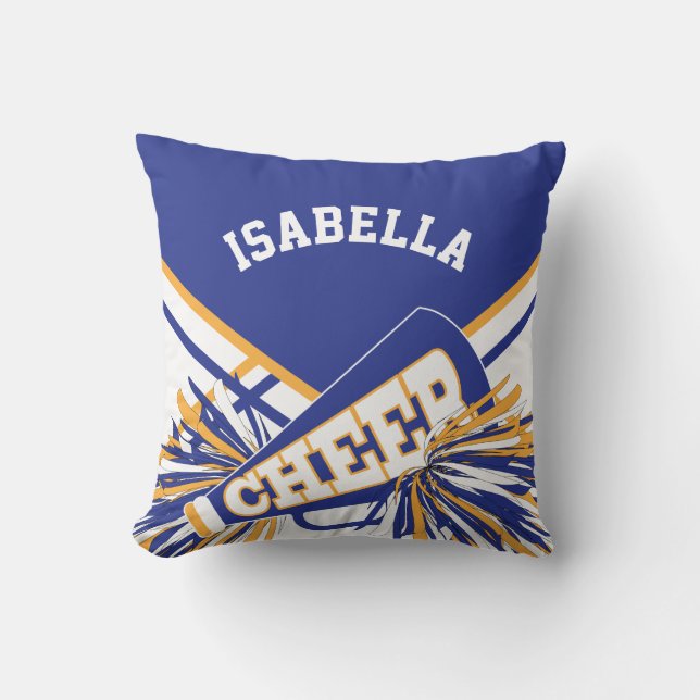 Cheerleader 📣 Outfit in  Blue, White & Gold Throw Pillow (Front)