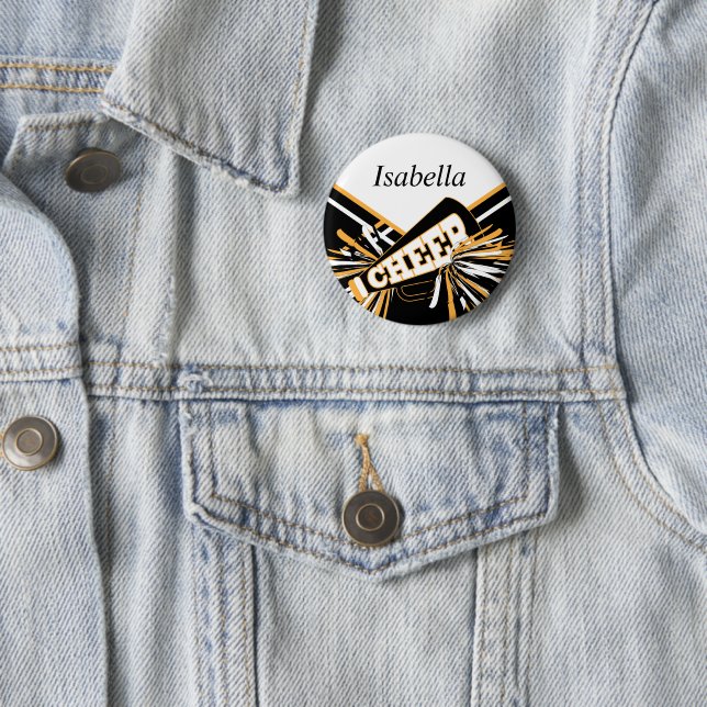 Cheerleader Outfit in Gold, White and Black Pinback Button (In Situ)