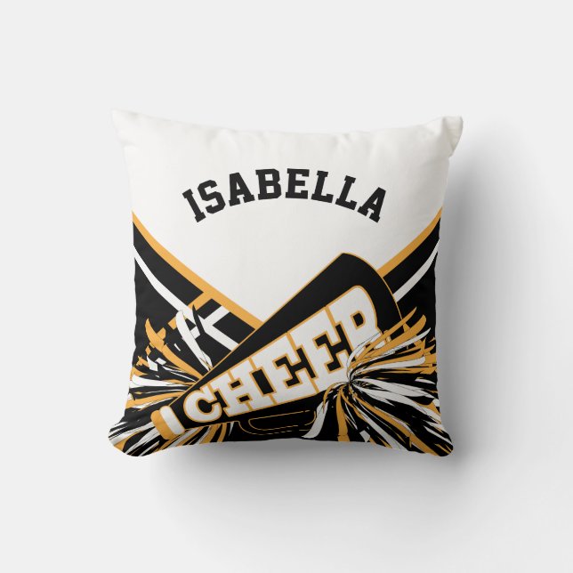 Cheerleader 📣 Outfit in Gold, White and Black Throw Pillow (Front)