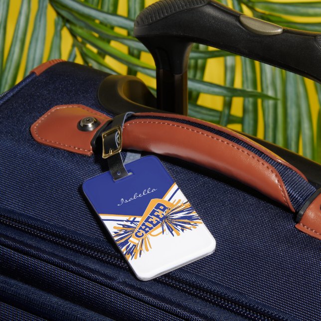 Cheerleader Outfit in Gold, White & Blue Luggage Tag (Front Insitu 1)
