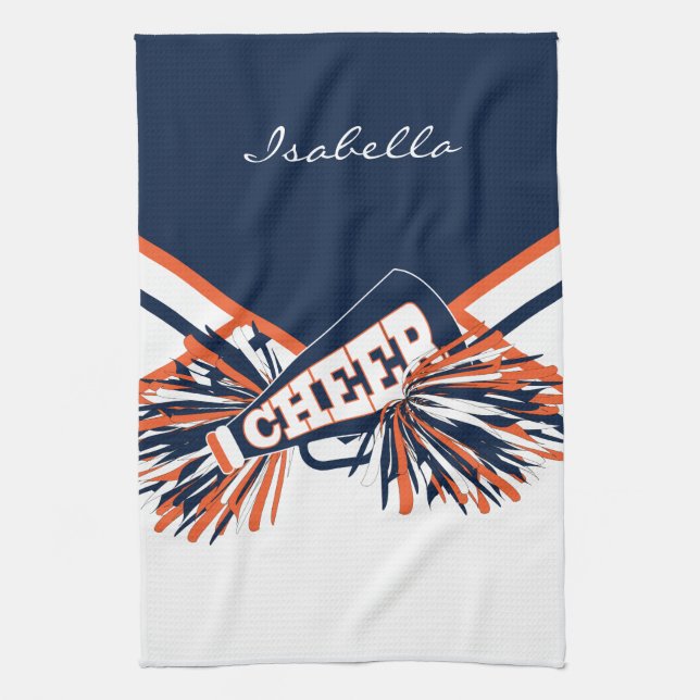 Cheerleader Outfit in Navy Blue, Orange & White Kitchen Towel (Vertical)