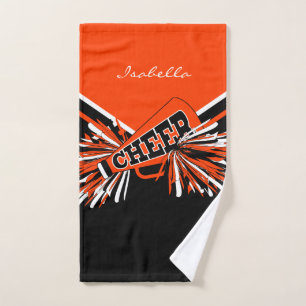Cheerleader Outfit in Orange, Black & White Hand Towel