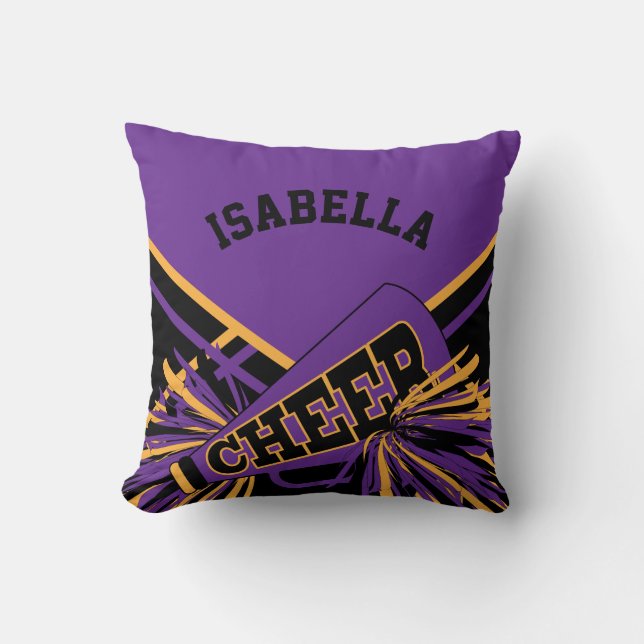 Cheerleader 📣 Outfit in Purple, Black & Gold Throw Pillow (Front)