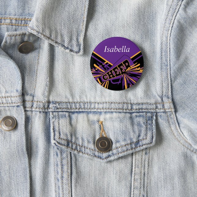 Cheerleader Outfit in Purple, Gold & Black Pinback Button (In Situ)
