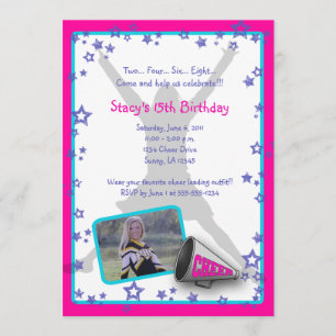 Cheerleader Photo Invitation Pink Purple Turquois