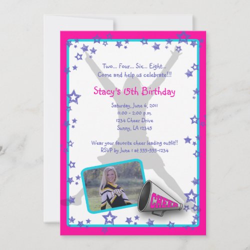 Cheerleader Photo Invitation Pink Purple Turquois
