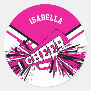 📣 Cheerleader - Pink  Black And White Classic Round Sticker by DesignsbyDonnaSiggy at Zazzle
