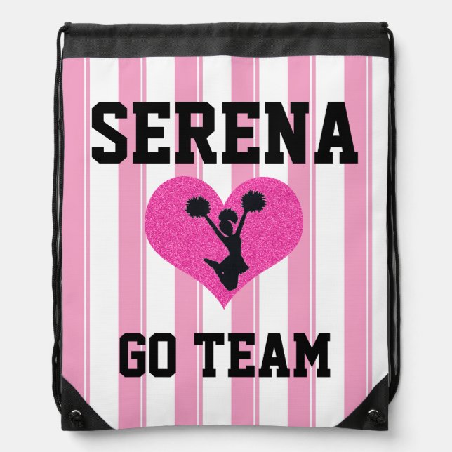 Cheerleader Pink White Stripes Drawstring Backpack (Front)