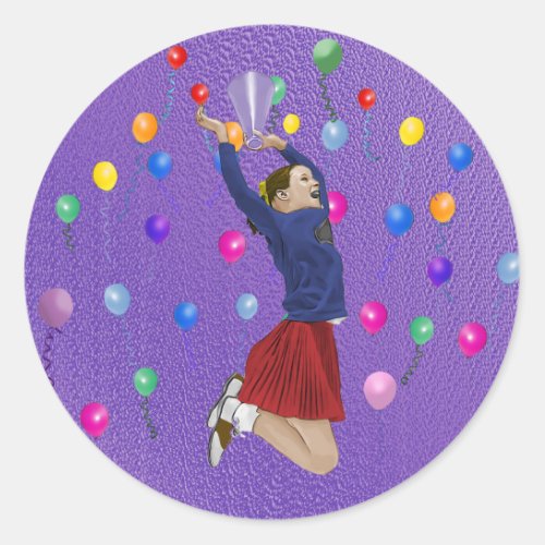 Cheerleader Purple and Balloons Classic Round Sticker