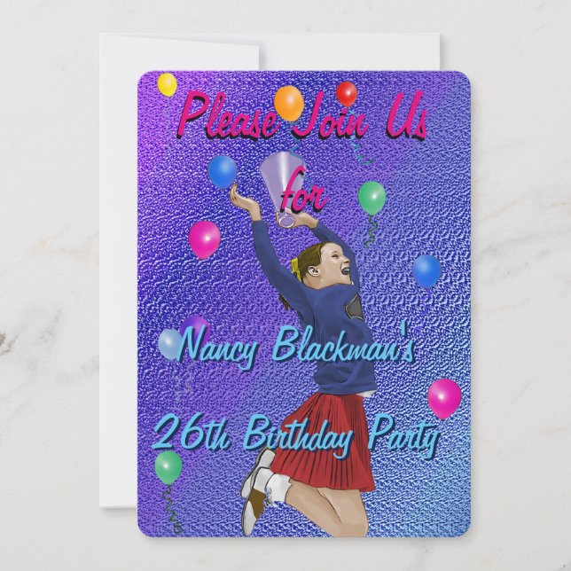 Cheerleader, Purple and Balloons Invitation (Front)