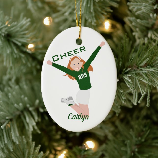 Cheerleader Redhead Green & White Ceramic Ornament (Tree)