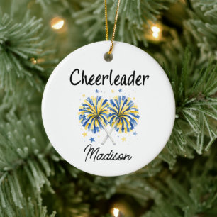 Cheerleader with Blue & Yellow Pom Poms Ceramic Ornament