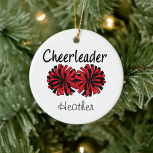 Cheerleader with Red & Black Pom Poms Ceramic Ornament