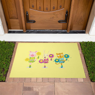 Cheerleading Animal Trio Pig Bunny and Cat Doormat