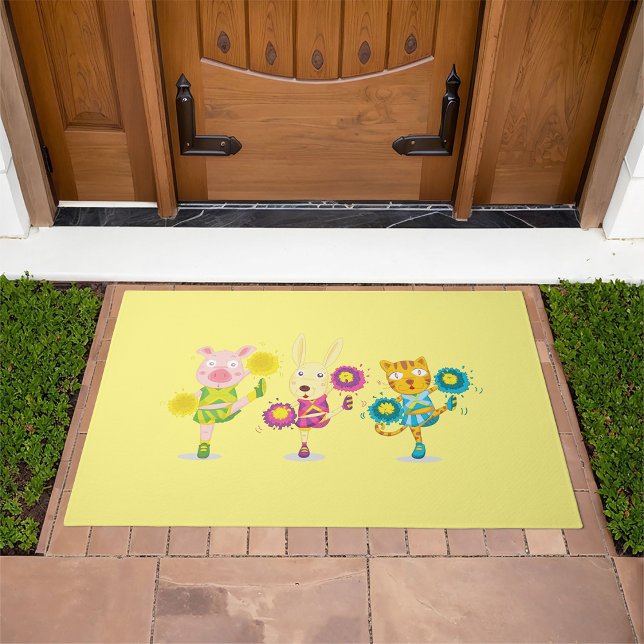 Cheerleading Animal Trio Pig Bunny and Cat  Doormat (Creator Uploaded)