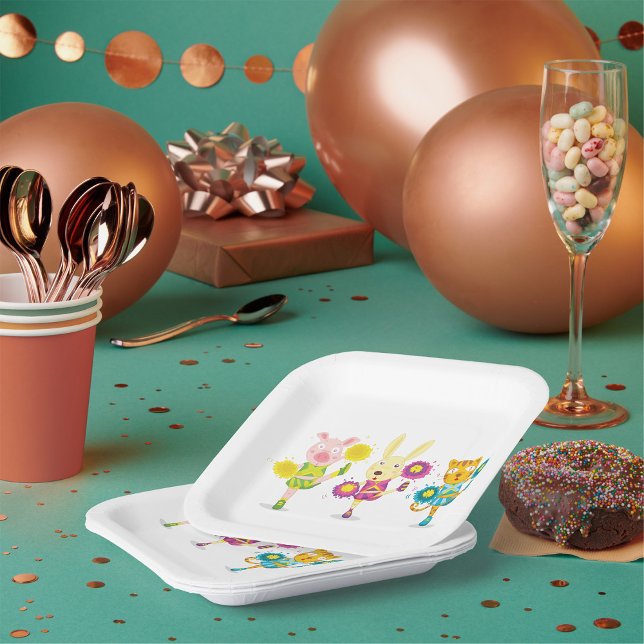 Cheerleading Animal Trio Pig Bunny and Cat  Paper Plates (Creator Uploaded)