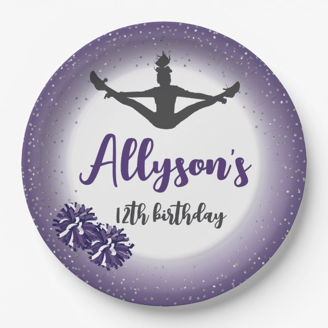 Cheerleading Birthday Party, Any Age Purple Paper Plates (Front)