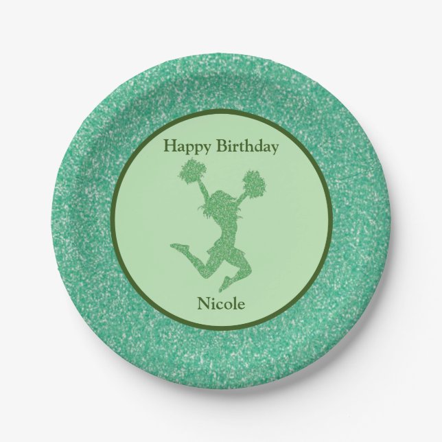 Cheerleading Birthday Party Green Sparkle Paper Plates (Front)