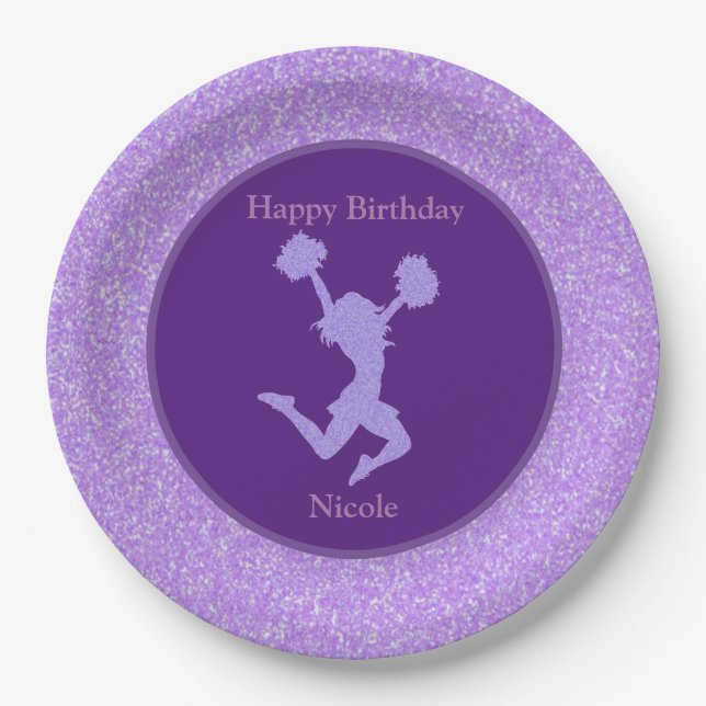 Cheerleading Birthday Party Purple Sparkle Paper Plates (Front)