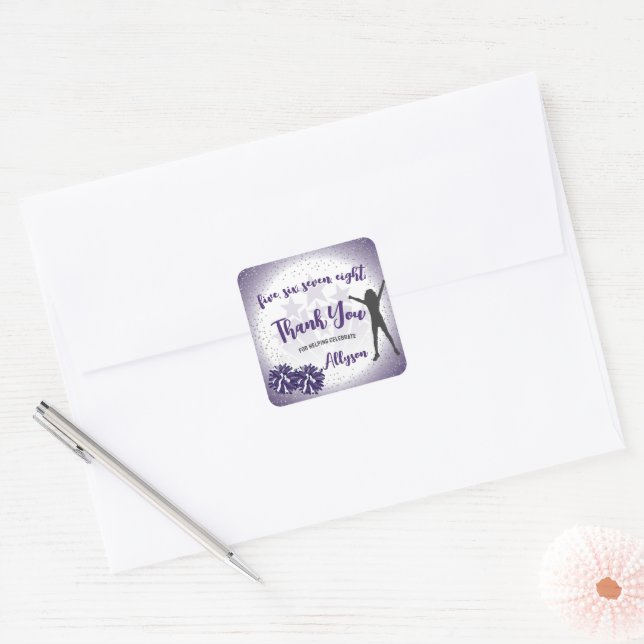 Cheerleading Birthday Party Purple Thank You Favor Square Sticker (Envelope)