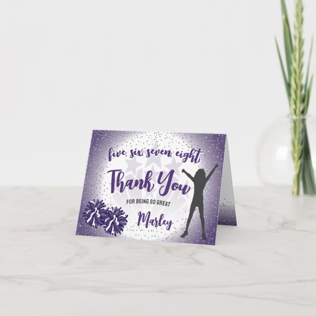Cheerleading Birthday Purple Thank You Card (Front)