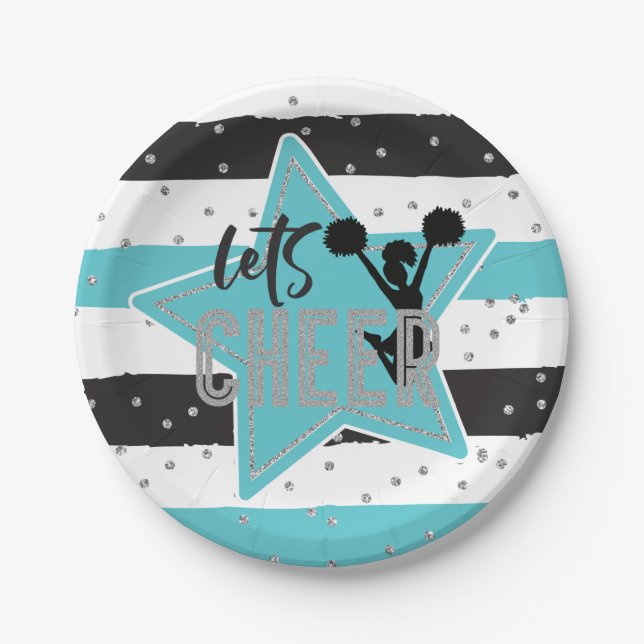 Cheerleading blue Silver Black Cheer Birthday Paper Plates (Front)
