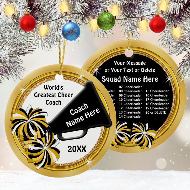 Cheerleading Coach Gift Ideas, Personalized Ceramic Ornament (Cheer coach Christmas gifts. Personalized Cheer Coach Gifts. Black Gold White, Cheer Coach Ornament.)