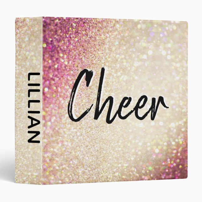 Cheerleading Faux Gold and Pink Glitter 3 Ring Binder (Front/Spine)