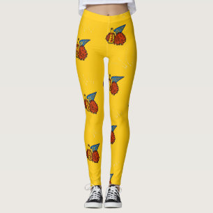 Cheerleading gear on yellow leggings