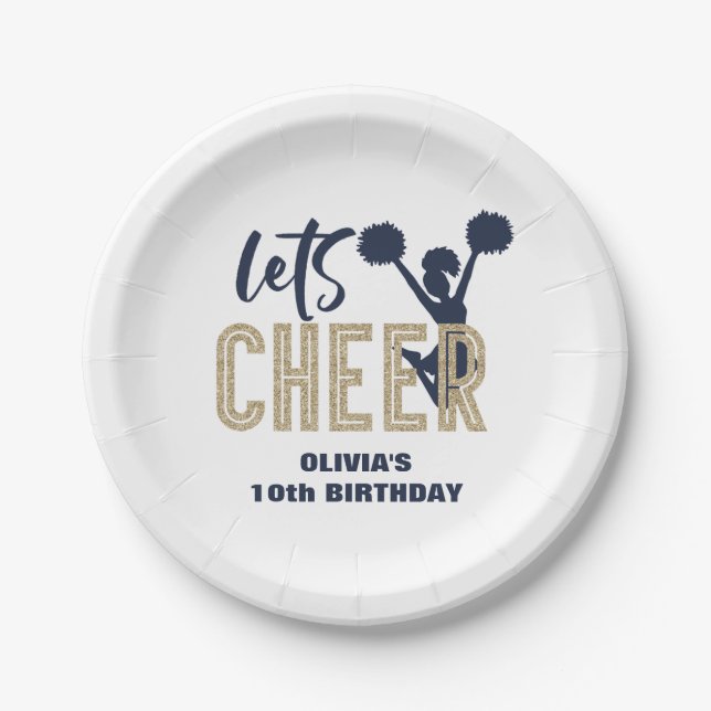 Cheerleading Gold and Navy Cheer Birthday Paper Plates (Front)