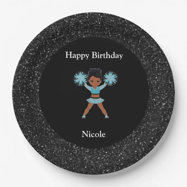 Cheerleading "Happy Birthday" Black Sparkle Paper Plates (Front)