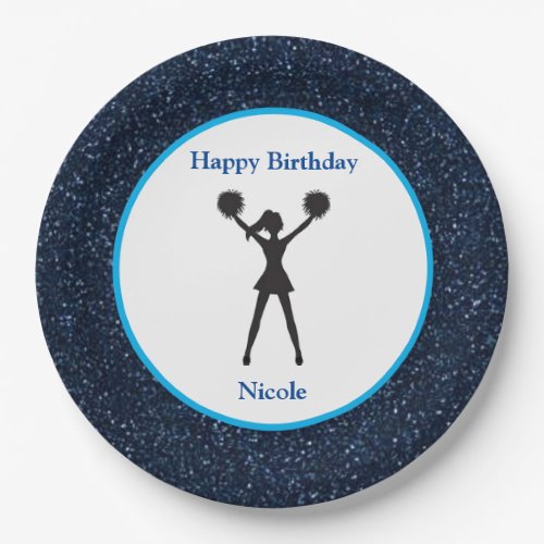 Cheerleading Happy Birthday Blue Sparkle Paper Plates