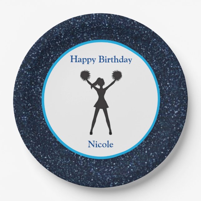 Cheerleading "Happy Birthday" Blue Sparkle Paper Plates (Front)